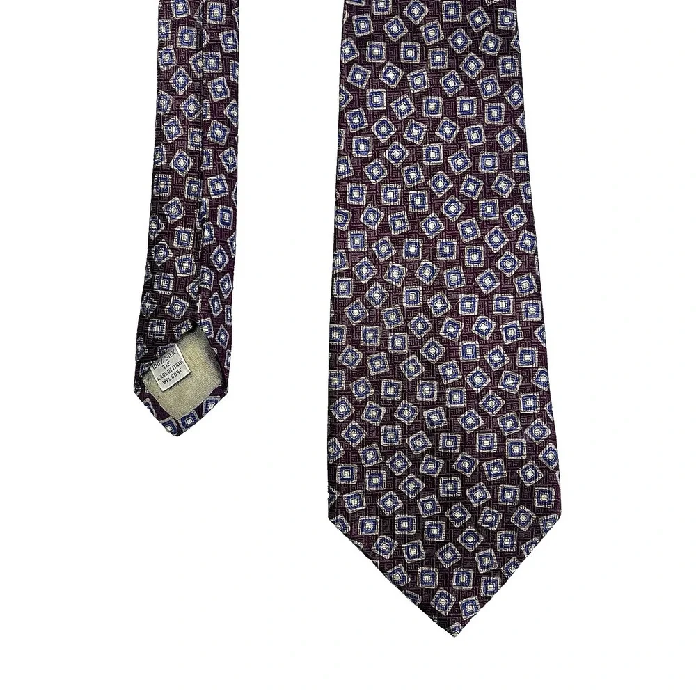 Christopher Hayes Silk Tie Mens Burgundy Blue Geometric Diamond Necktie Italy